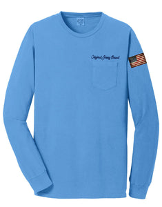 Super Soft Beach Wash™ Garment-Dyed Long Sleeve POCKET Tee (Blue Moon) w/ Full Decal Back